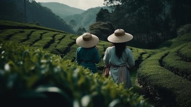 Duas mulheres na plantação de chá Generative Ai