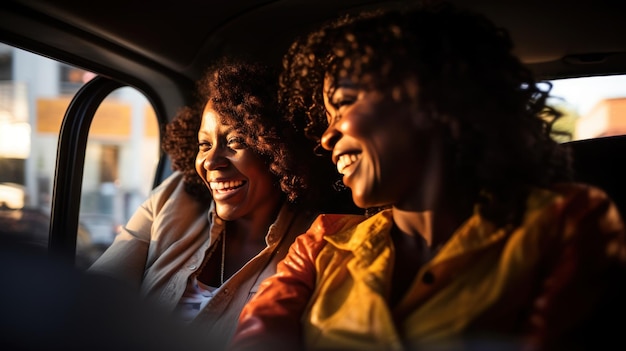 Foto duas mulheres negras maduras sorriem no carro de táxi