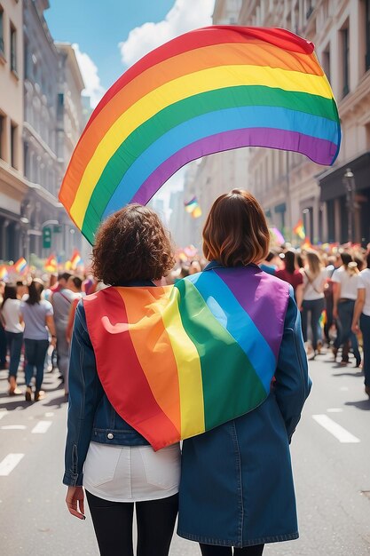 Duas mulheres no desfile LGBT com uma bandeira arco-íris vista de trás ai gerado