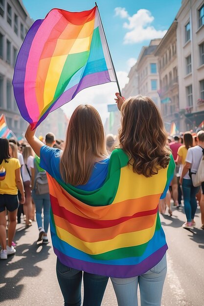 Duas mulheres no desfile LGBT com uma bandeira arco-íris vista de trás ai gerado