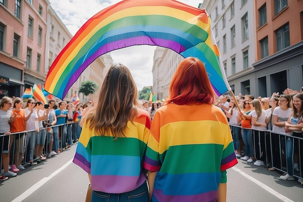 Duas mulheres no desfile LGBT com uma bandeira arco-íris vista de trás ai gerado