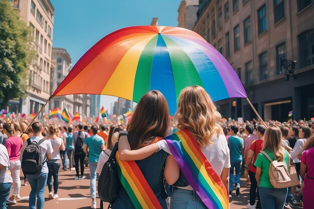 Duas mulheres no desfile LGBT com uma bandeira arco-íris vista de trás ai gerado