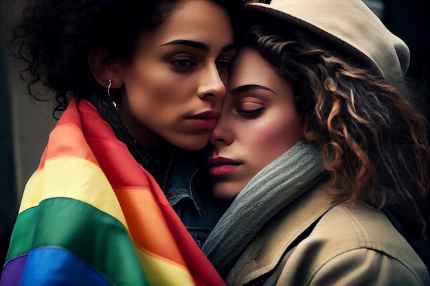 Duas mulheres no desfile lgbt com uma bandeira de arco-íris vista de trás gerada por ia