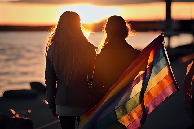 Foto duas mulheres no desfile lgbt com uma bandeira de arco-íris vista de trás gerada por ia