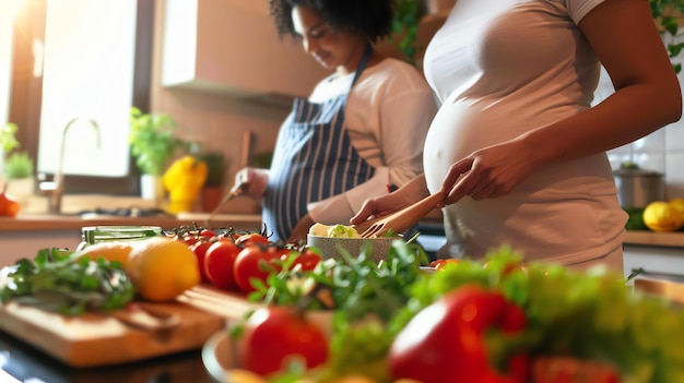 Foto duas mulheres numa cozinha, uma grávida e a outra não, estão ambas a cozinhar.