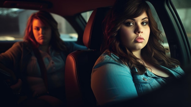 Duas mulheres plus size dirigindo um carro Duas amigas com excesso de peso viajaram de carro AI