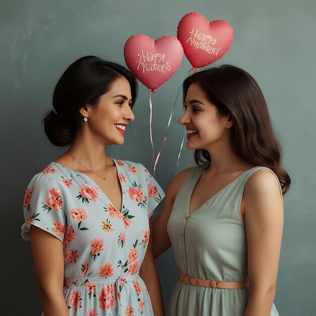 Foto duas mulheres posam com balões que dizem feliz em letras cor-de-rosa