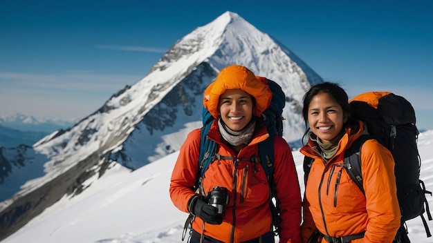 Foto duas mulheres posando para uma foto com uma montanha atrás delas