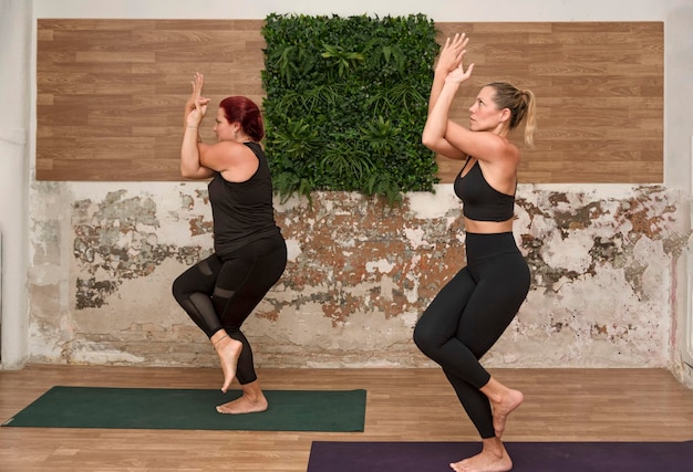Duas mulheres praticando yoga Eagle Pose