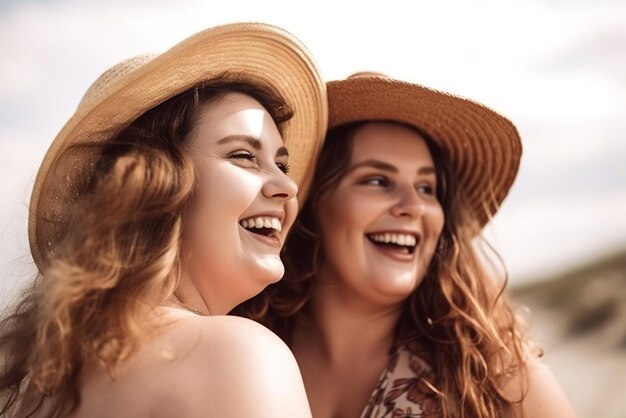 Duas mulheres rindo e rindo em uma praia