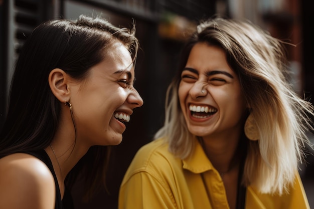 Duas mulheres rindo e rindo juntas, uma delas de camisa amarela.