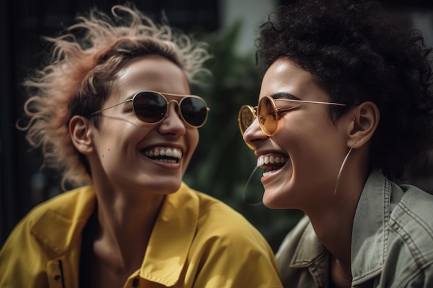 Duas mulheres rindo e rindo, uma de jaqueta amarela e a outra de óculos escuros.