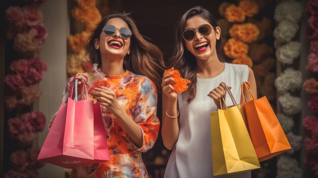 Duas mulheres rindo segurando sacos de compras