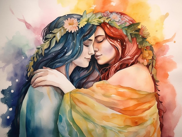 Duas mulheres se abraçam em um cachecol de arco-íris com flores no cabelo em estilo aquarela