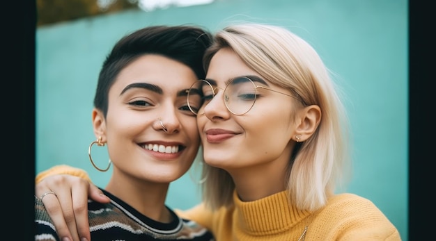 Duas mulheres se abraçando e sorrindo, uma de suéter amarelo e a outra de suéter amarelo.