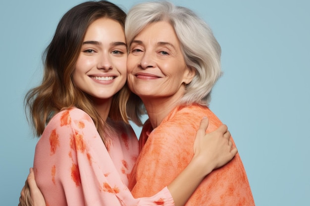 Duas mulheres se abraçando em um fundo azul