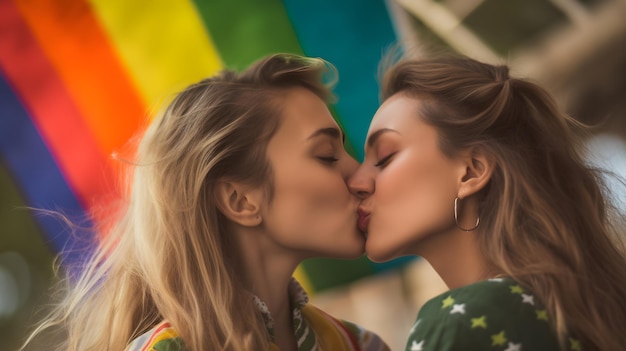 Duas mulheres se beijam na frente de uma bandeira do arco-íris