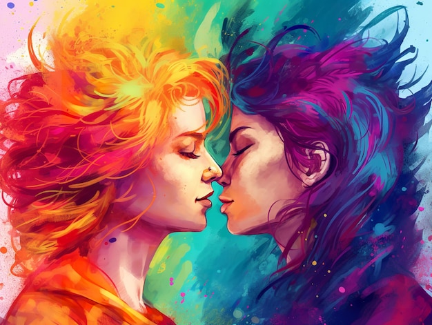 Duas mulheres se beijando com um toque das cores do arco-íris comemorando o dia do orgulho LGBT