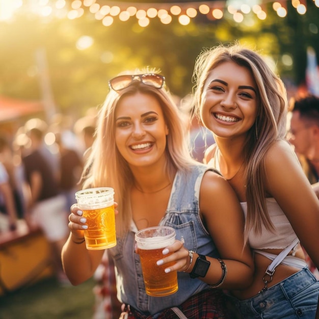 duas mulheres segurando copos de cerveja em um festival