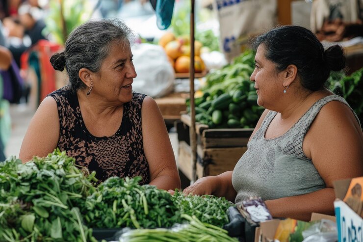 Foto duas mulheres sentadas e conversando em um mercado de agricultores com barracas de produtos frescos ar 32 v 61 job id 5234cce0e219432abf418d04a92c7660