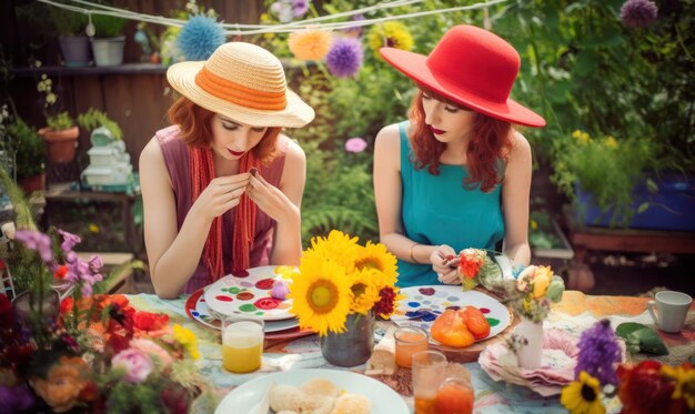 Duas mulheres sentadas em uma mesa com uma mesa cheia de comida e flores.