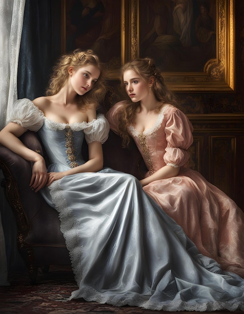 Duas mulheres sentadas em uma pintura com uma pintura de duas mulheres sentadas uma ao lado da outra