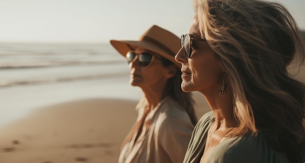 Duas mulheres sentadas em uma praia, uma usando óculos escuros e a outra usando óculos escuros.