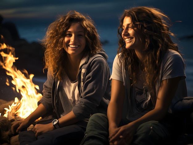 Duas mulheres sentadas juntas em frente a uma fogueira na praia