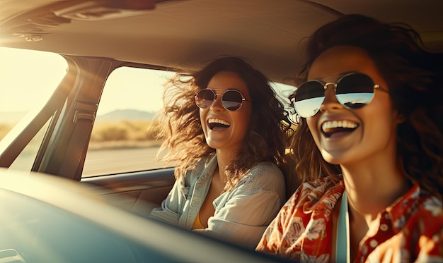 Duas mulheres sentadas no banco de trás de um carro