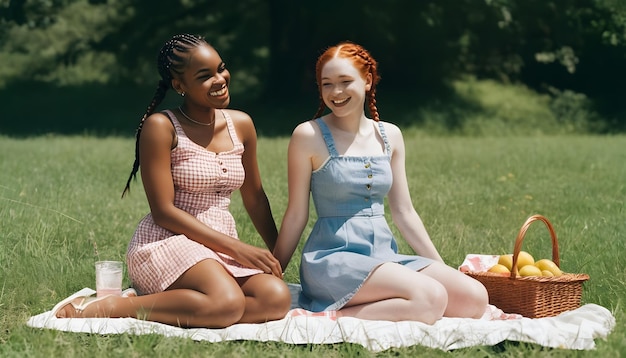 Duas mulheres sentadas num cobertor a fazer um piquenique no mês do orgulho do casal gay.