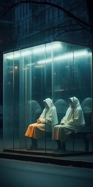 duas mulheres sentadas numa caixa de vidro com as palavras "não",