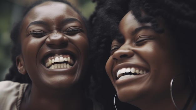 Duas mulheres sorrindo e rindo juntas, uma delas com um grande sorriso no rosto.