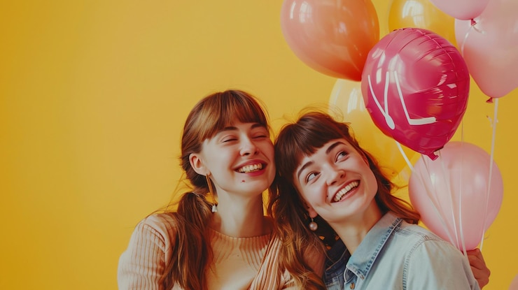 Foto duas mulheres sorrindo e uma tem um balão vermelho com o número 1 nele