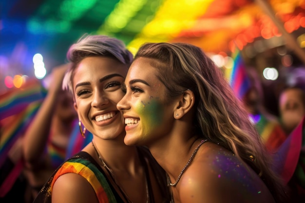 Duas mulheres sorrindo em um festival colorido