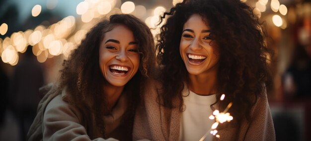 Foto duas mulheres sorrindo enquanto seguram faíscas e um fim