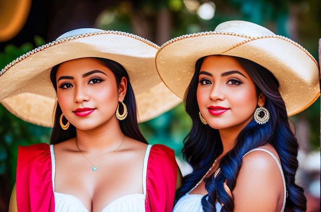 Duas mulheres usando chapéus estão lado a lado em frente a um fundo verde.