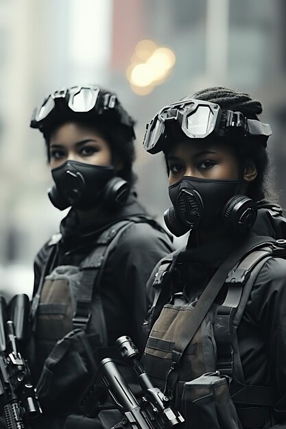 duas mulheres usando máscaras pretas e óculos de proteção