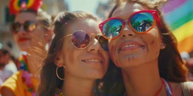 Duas mulheres usando óculos de sol e sorrindo para a câmera