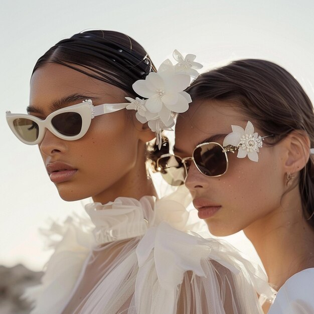 duas mulheres usando óculos de sol e um véu com flores no cabelo generativo ai