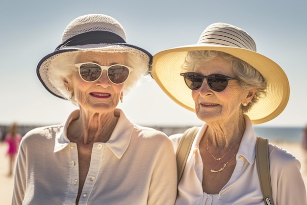 Duas mulheres usando óculos escuros e um chapéu branco na praia