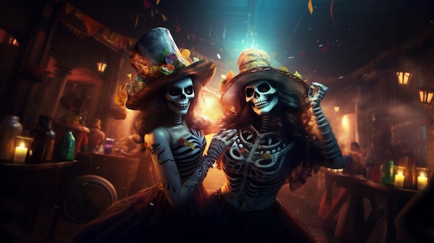 Duas mulheres vestidas e maquiadas como Catrina durante o Halloween no México estão dançando em um bar