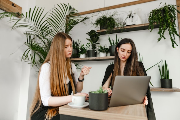 Duas namoradas concentradas em roupas casuais formais trabalham em um laptop em um café aconchegante