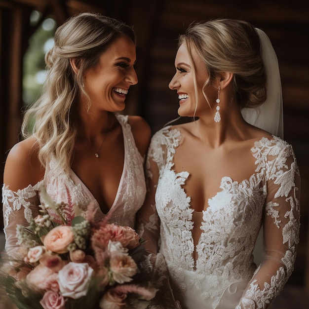 Duas noivas compartilhando um momento alegre no dia do casamento