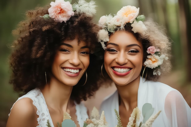 Duas noivas mulheres lésbicas em um vestido branco