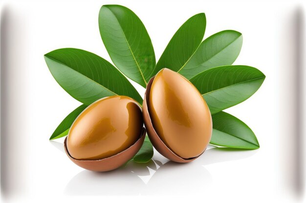 Duas nozes descascadas de argan em fundo branco com várias folhas