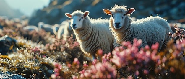 duas ovelhas em pé em um campo de flores