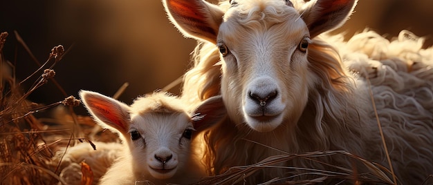 duas ovelhas que estão de pé juntas na grama