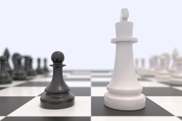 Duas peças de xadrez em um tabuleiro de xadrez. rei preto e peão branco frente a frente. enfrentando um oponente maior, competição, discussão, acordo e conceito de confronto. ilustração 3d.