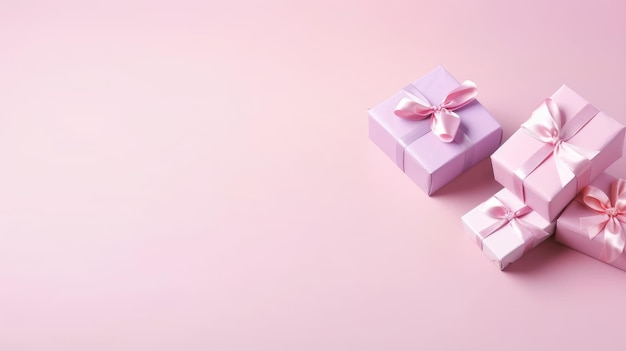 Duas pequenas caixas de presente com fitas rosa em um fundo rosa.