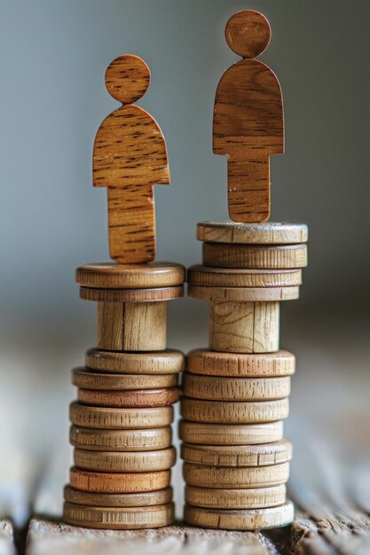 Duas pequenas figuras de madeira em pé sobre uma pilha de moedas que simbolizam o sucesso do crescimento e o trabalho em equipe